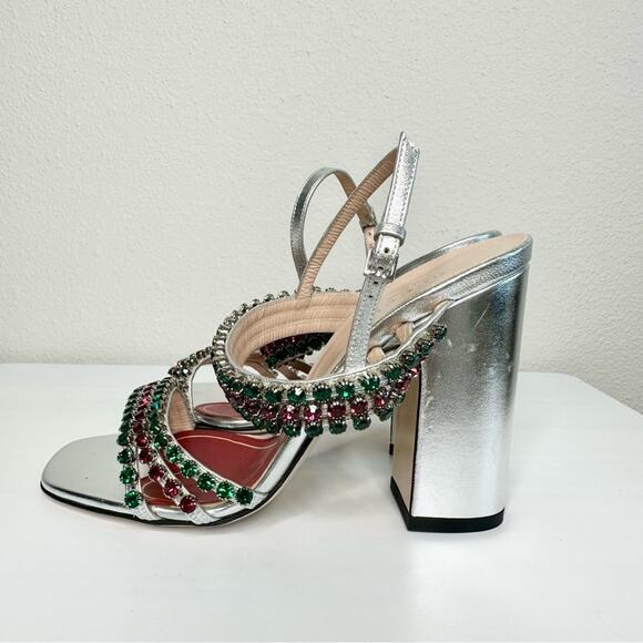 NEW GUCCI Bertie Nappa Leather Crystal High Heel Strappy Sandals Size 37 Silver - Picture 4 of 9